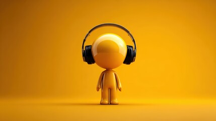 A cheerful yellow figure wearing headphones stands against a vibrant yellow background, ideal for music apps, creative projects, or marketing materials related to audio and entertainment,