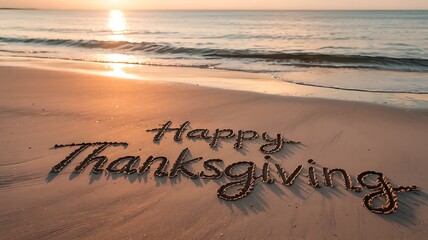 Warm golden sunset over gentle ocean waves illuminating happy thanksgiving message written in the sand on a peaceful beach