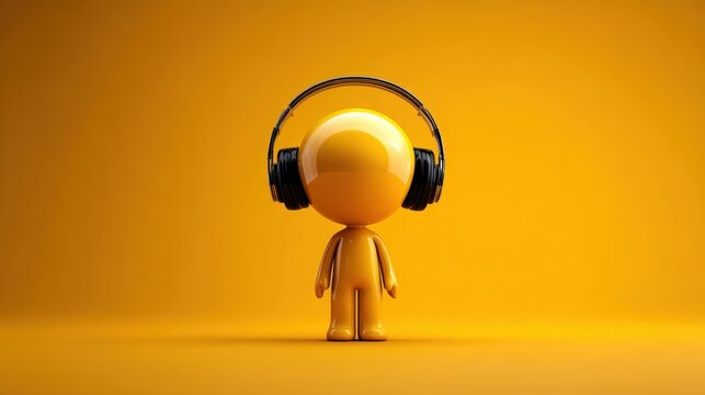 A cheerful yellow figure wearing headphones stands against a vibrant yellow background, ideal for music apps, creative projects, or marketing materials related to audio and entertainment,
