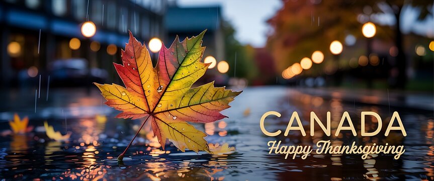 Vibrant autumn maple leaf reflecting in wet city street with bokeh lights and canada happy thanksgiving greeting