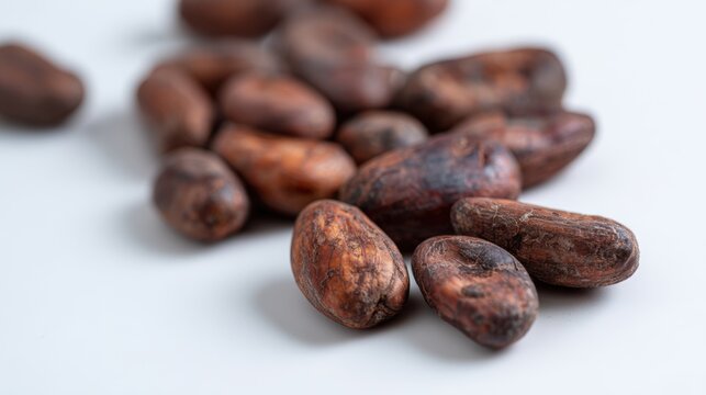 Close-up of raw cacao beans scattered on a light surface, showcasing their rich texture and earthy tones, perfect for articles on chocolate production, healthy eating, or cacao's benefits,