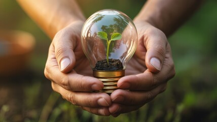 A person holding a light bulb with a seedling growing inside, symbolizing green energy, sustainability, and environmental protection