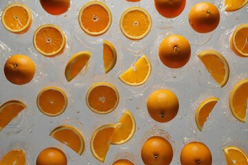 Oranges and Slices Pattern with Water Splashes, Top View, High Speed
