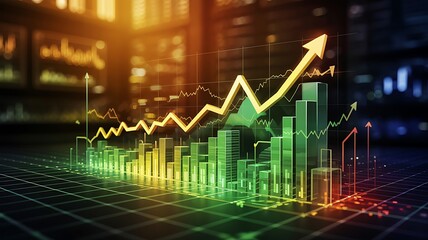Vibrant 3d financial graph with rising arrow and bar chart showing upward trend and economic growth in a modern city background
