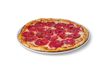 Whole pepperoni pizza with melted cheese and red salami slices, ready to eat