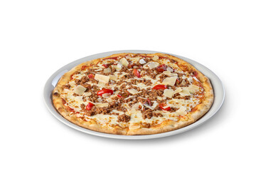 Whole pizza with minced meat, parmesan flakes, cheese, and cherry tomatoes on a plate