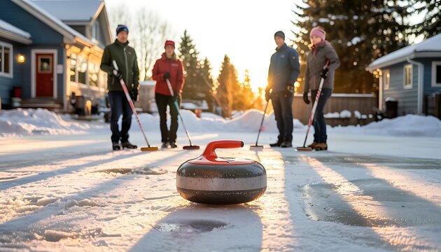 Four friends enjoying a playful game of street curling on a sunny winter afternoon with a curling stone in the foreground