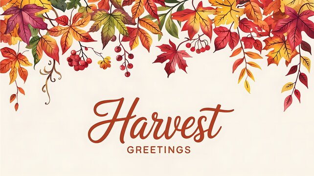 Beautifully painted watercolor autumn leaves border with harvest greetings text for seasonal decorations and celebrations