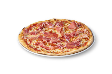 Italian pizza with melted cheese and cured ham on a plate
