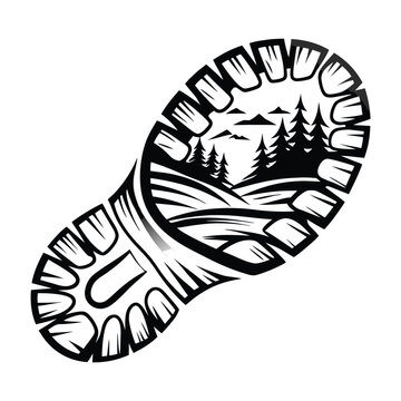 Black bootprint showcases a serene pine forest with a winding river silhouette