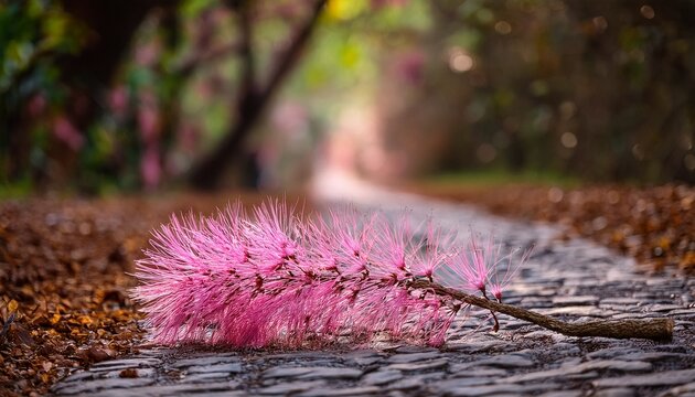 a pink ipe twig lying on the trail