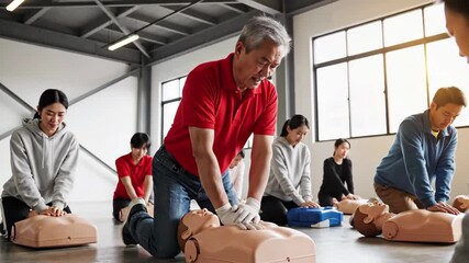 Dynamic first aid training session showing CPR techniques on mannequins in bright room