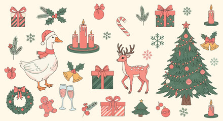 Fototapeta premium Vector illustration of illustration of collection of cute hand drawn christmas and winter holiday elements like goose, reindeer, tree, candle, gift, wreath and candy cane on light background