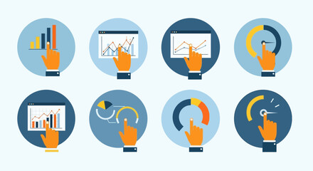 Fototapeta premium Vector illustration of illustration of set of eight flat design icons representing hand interaction with various data visualization charts, graphs, and performance gauges for analytics concept
