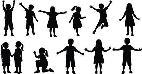 Silhouette collection of children jumping, dancing, posing, and playing, energetic kid movements, joyful childhood actions for design, animation, and creative projects