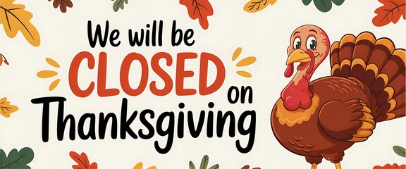 Cartoon thanksgiving turkey and festive fall leaves announce business closure on holiday
