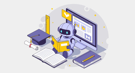 Obraz premium Vector illustration of illustration of isometric illustration of a cute robot studying with books, computer, and graduation cap, symbolizing artificial intelligence education and elearning concept