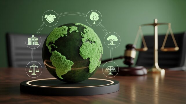 Environmental law and sustainability concept green globe, regulatory icons, scales of justice, and gavel