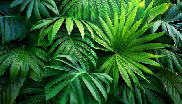 lush green tropical foliage vibrant textures sunlight dappled leaves green background
