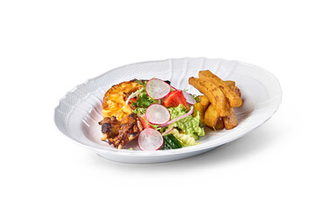 Grilled ribs served with fresh garden salad and crispy potato wedges on a white plate