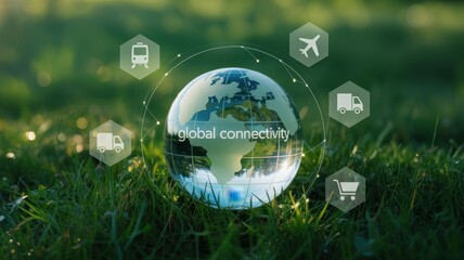 Global connectivity concept logistics icons surrounding a glass earth globe on green grass, symbolizing sustainable transport