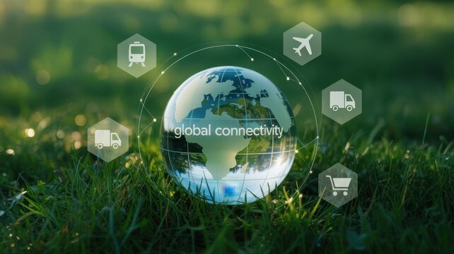 Global connectivity concept logistics icons surrounding a glass earth globe on green grass, symbolizing sustainable transport