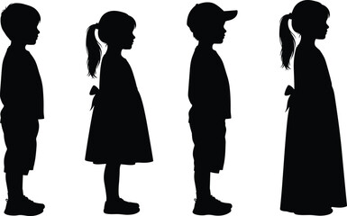 Silhouettes of children standing in side profile, boys and girls in simple poses, clean black outline figures on white background