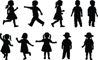 Silhouettes of children walking, running, and playing in various poses, active kids in motion, simple black outline figures on white background
