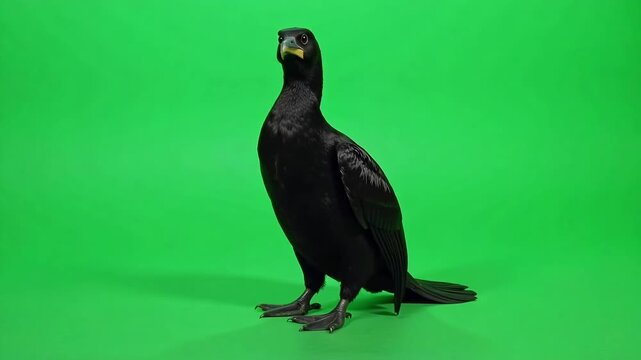 Dynamic black cormorant struts confidently against a vivid green screen ready for seamless integration into your next captivating video project