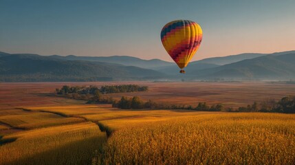 Obraz premium A vibrant hot air balloon soars over vast golden fields at dawn. The mountains in the background create a serene backdrop as the sun rises on a clear morning.