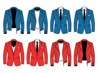 Collection of illustrated blue and red jackets with different collars and accessories.