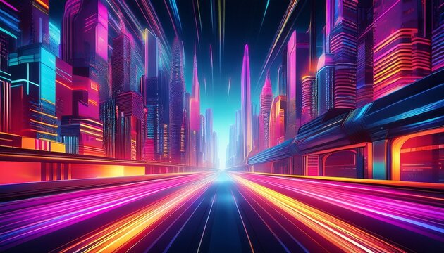 retro futuristic city with vibrant neon lights and motion trails