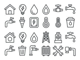 A collection of line art icons representing utility services and home fixtures.
