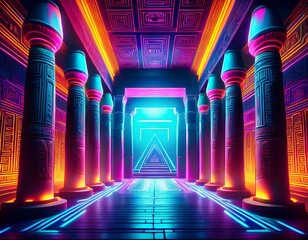 a dazzling neon lit egyptian temple reimagined in cyberpunk style blending ancient mysticism with futuristic color and electric grandeur vibrant columns and glowing hieroglyphs 3