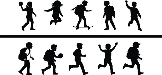 Silhouettes of active school children walking, running, playing, and skateboarding, backpack kid outlines in motion on white background