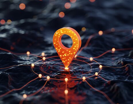 Glowing orange digital map pin marker illuminated on a dark abstract network of glowing lines and bokeh lights representing connection and navigation
