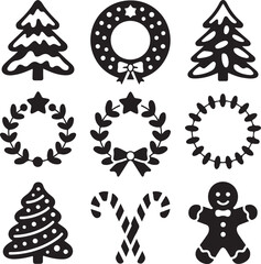 Christmas vector silhouette icons set with wreaths trees and sweets