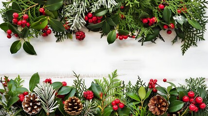 Festive christmas garland with pine cones holly berries and evergreen branches creating a natural holiday border on a white background