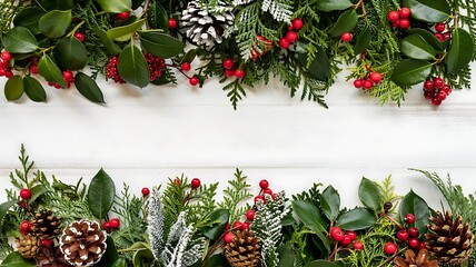 Festive christmas garland with pine cones holly berries and evergreen branches framing a white wooden background for copy space