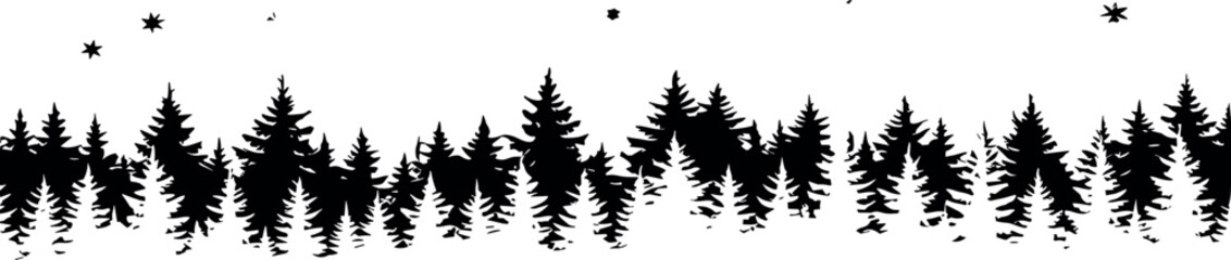 Naklejka premium Silhouette of a Forest Line Featuring Pine Trees and Stars, Ideal for Landscape Designs and Backgrounds