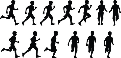 Silhouette boys running in various poses, athletic youth movement, active child sports concept, dynamic exercise illustration, isolated black figures collection