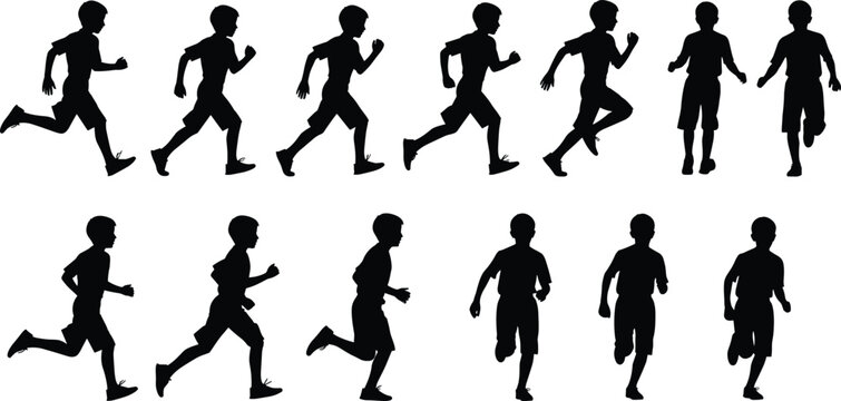 Silhouette boys running in various poses, athletic youth movement, active child sports concept, dynamic exercise illustration, isolated black figures collection