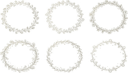 Obraz premium Set of six elegant botanical wreaths with delicate leaves and small berries, perfect for invitations, logos, and decorative elements
