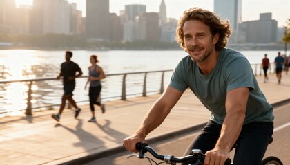 Man on Bicycle Passing City Waterfront With Joggers and Walkers