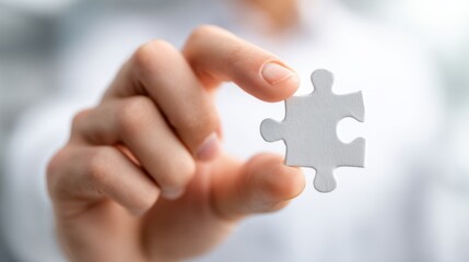 The hand of an individual is gripping a white puzzle piece, symbolizing connection and problem-solving during a collaborative work session in a modern office environment.