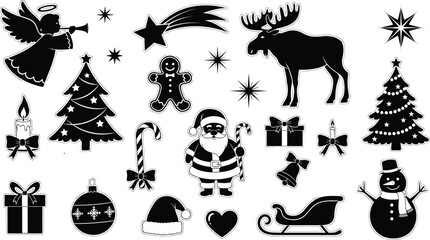 A Diverse Set of Christmas Holiday and New Year Black Silhouettes, Icons, and Stickers Featuring Santa, Trees, Ornaments, and Winter Elements.