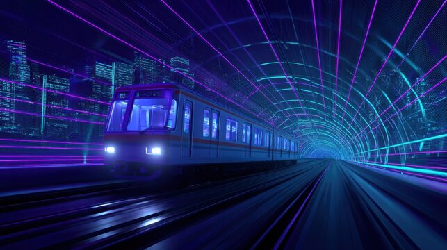 A sleek train moves rapidly through a colorful tunnel filled with neon lights and patterns. City skyscrapers glimmer in the background, creating a dynamic and energetic atmosphere.
