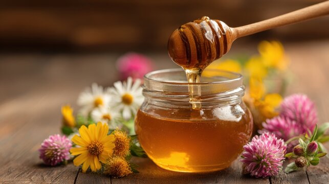 A glass jar filled with golden honey sits on a wooden table. A honey dipper drizzles honey over the rim, while colorful wildflowers add a cheerful touch to the setting.
