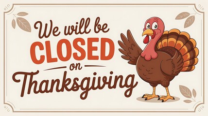 Funny cartoon turkey announces business closure on thanksgiving day with a vintage style sign and decorative autumn leaves