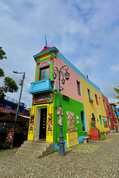 Colorful houses and pedestrian street in Caminito, Buenos Aires, photographed on November 25, 2024. Iconic cultural and touristic landmark.